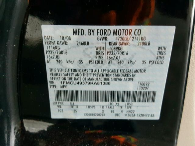 1FMCU49379KA81386 - 2009 FORD ESCAPE HYB BLACK photo 10