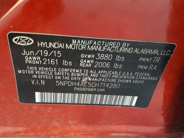 5NPDH4AE5GH714280 - 2016 HYUNDAI ELANTRA SE RED photo 10