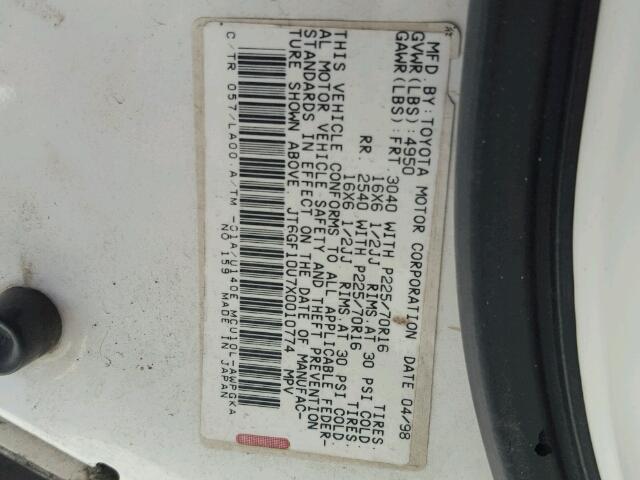 JT6GF10U7X0010774 - 1999 LEXUS RX CREAM photo 10