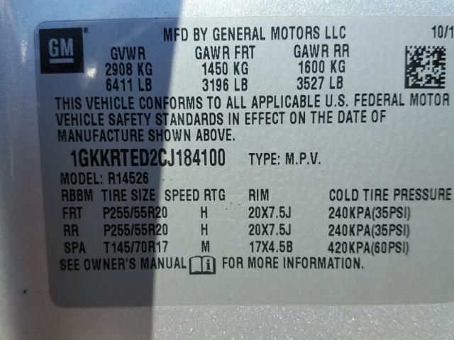 1GKKRTED2CJ184100 - 2012 GMC ACADIA DEN SILVER photo 10