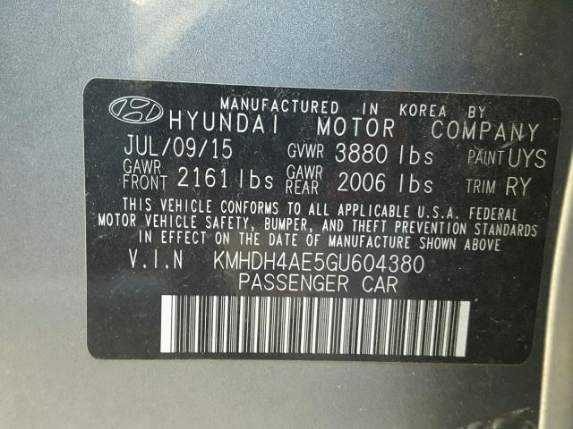 KMHDH4AE5GU604380 - 2016 HYUNDAI ELANTRA SE GRAY photo 10