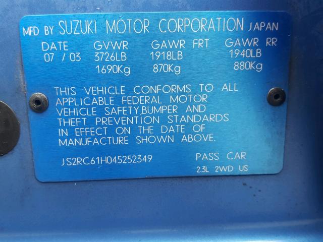 JS2RC61H045252349 - 2004 SUZUKI AERIO SX BLUE photo 10