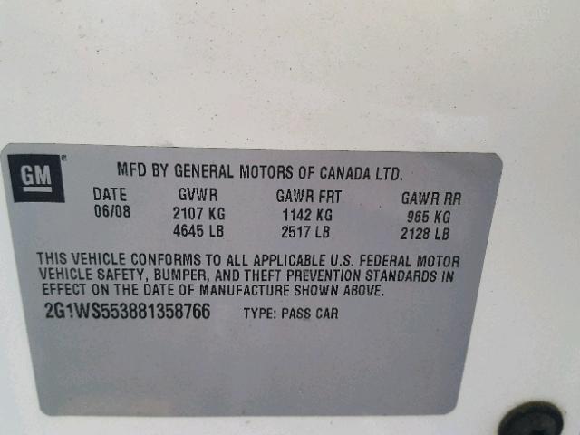 2G1WS553881358766 - 2008 CHEVROLET IMPALA POL WHITE photo 10