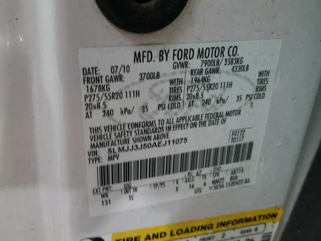 5LMJJ3J50AEJ11075 - 2010 LINCOLN NAVIGATOR WHITE photo 10