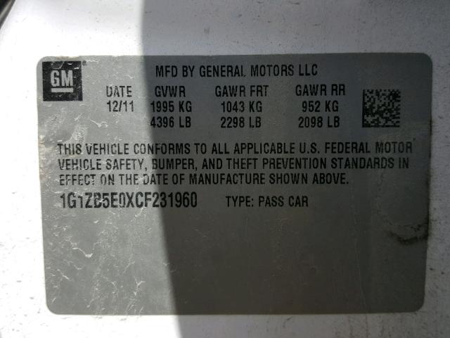 1G1ZB5E0XCF231960 - 2012 CHEVROLET MALIBU LS 白色 照片 10