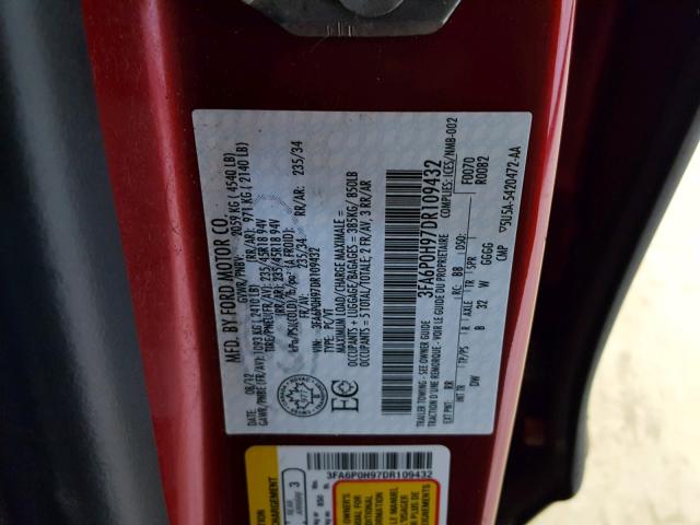 3FA6P0H97DR109432 - 2013 FORD FUSION SE أحمر صورة 10