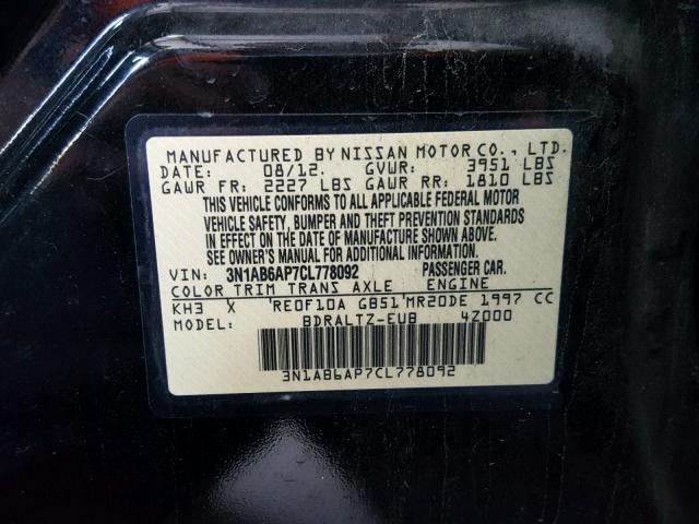 3N1AB6AP7CL778092 - 2012 NISSAN SENTRA 2.0 BLACK photo 10