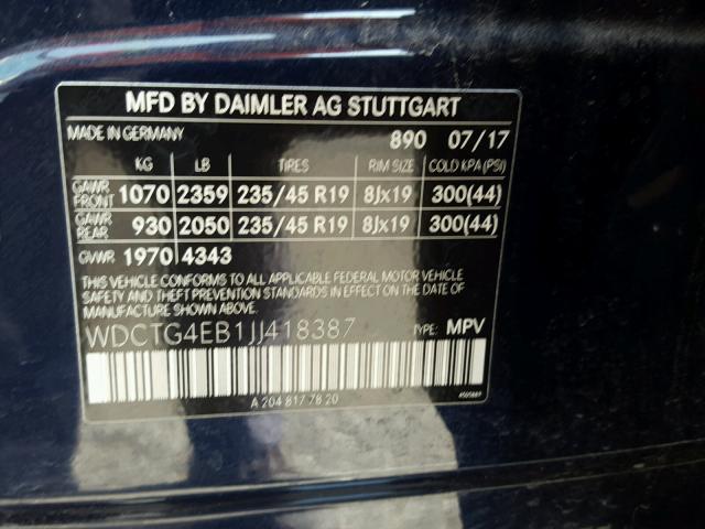 WDCTG4EB1JJ418387 - 2018 MERCEDES-BENZ GLA 250 BLUE photo 10