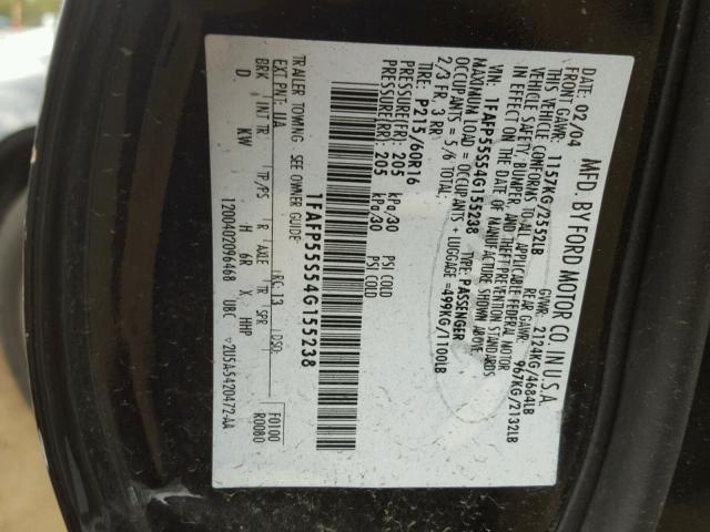 1FAFP55S54G155238 - 2004 FORD TAURUS SES BLACK photo 10