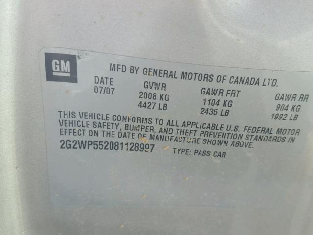 2G2WP552081128997 - 2008 PONTIAC GRAND PRIX SILVER photo 10