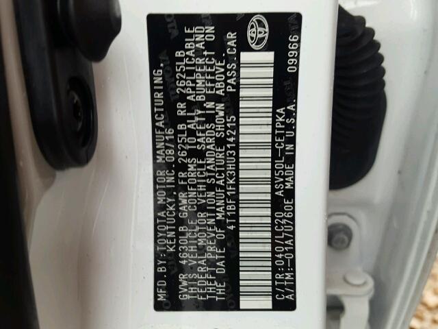 4T1BF1FK3HU314215 - 2017 TOYOTA CAMRY LE თეთრი ფოტო 10