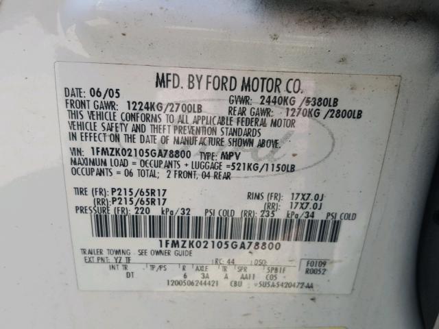 1FMZK02105GA78800 - 2005 FORD FREESTYLE WHITE photo 10