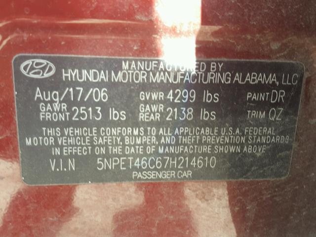 5NPET46C67H214610 - 2007 HYUNDAI SONATA GLS RED photo 10