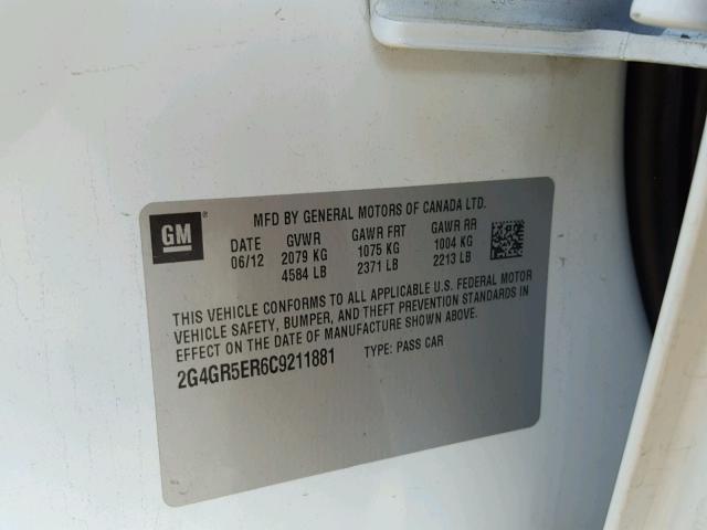 2G4GR5ER6C9211881 - 2012 BUICK REGAL WHITE photo 10