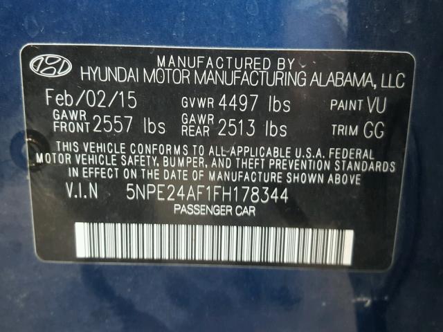 5NPE24AF1FH178344 - 2015 HYUNDAI SONATA SE BLUE photo 10