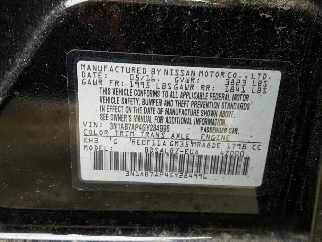 3N1AB7AP4GY284996 - 2016 NISSAN SENTRA S BLACK photo 10