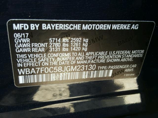 WBA7F0C58JGM23130 - 2018 BMW 750 I BLUE photo 10
