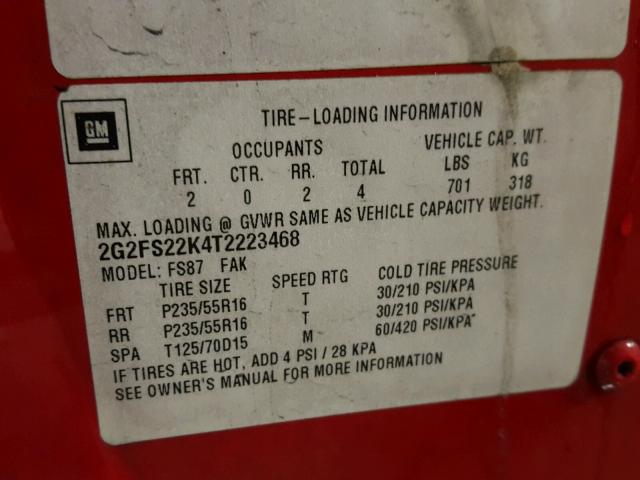 2G2FS22K4T2223468 - 1996 PONTIAC FIREBIRD RED photo 10