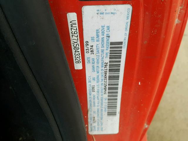 3VWBA21C3XM451762 - 1999 VOLKSWAGEN NEW BEETLE Qırmızı foto 10