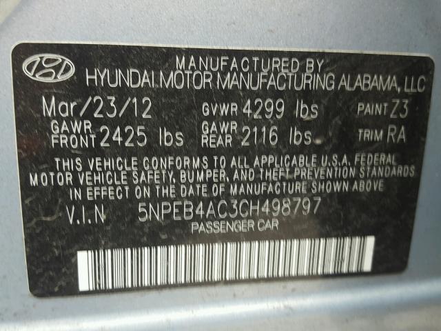 5NPEB4AC3CH498797 - 2012 HYUNDAI SONATA GLS BLUE photo 10