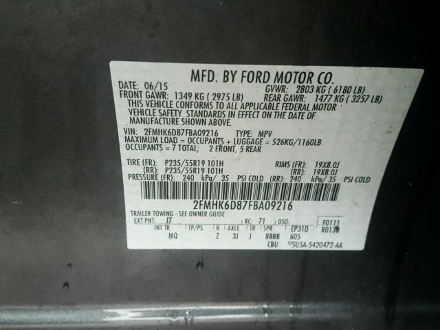 2FMHK6D87FBA09216 - 2015 FORD FLEX LIMIT BLACK photo 10