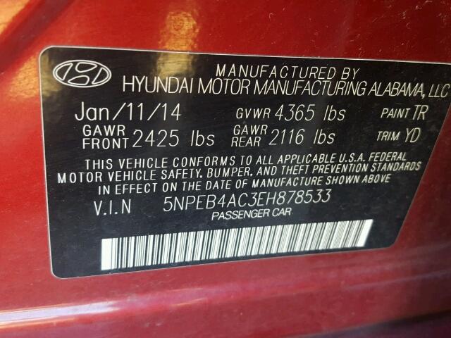 5NPEB4AC3EH878533 - 2014 HYUNDAI SONATA GLS RED photo 10