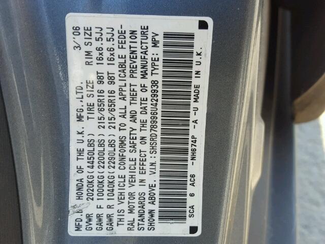 SHSRD78996U429938 - 2006 HONDA CR-V SE GRAY photo 10