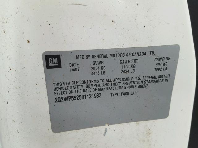 2G2WP552581121933 - 2008 PONTIAC GRAND PRIX WHITE photo 10