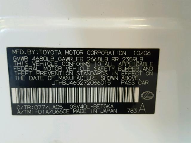 JTHBJ46G272066015 - 2007 LEXUS ES WHITE photo 10