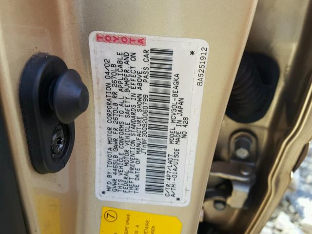 JTHBF30G920060799 - 2002 LEXUS ES 300 GOLD photo 10