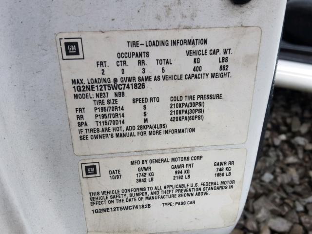 1G2NE12T5WC741826 - 1998 PONTIAC GRAND AM S 白色 照片 10