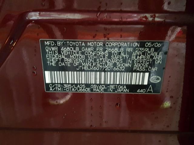 JTHBJ46G772016632 - 2007 LEXUS ES MAROON photo 10