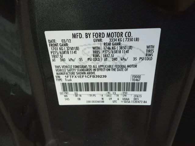 1FTFX1EF1CFB39239 - 2012 FORD F150 SUPER GRAY photo 10