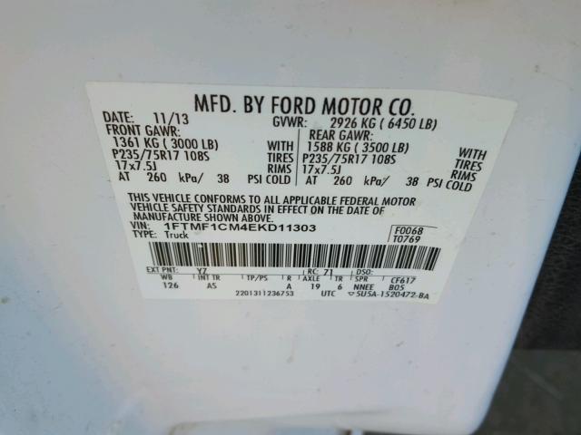 1FTMF1CM4EKD11303 - 2014 FORD F150 WHITE photo 10