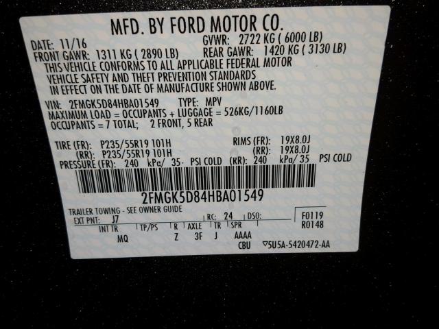 2FMGK5D84HBA01549 - 2017 FORD FLEX LIMIT GRAY photo 10