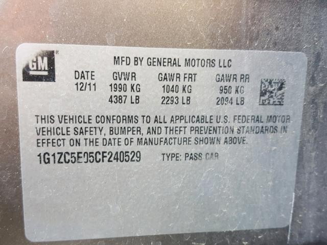 1G1ZC5E05CF240529 - 2012 CHEVROLET MALIBU 1LT ნაცრისფერი ფოტო 10