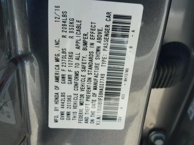 19UUB1F59HA007749 - 2017 ACURA TLX TECH GRAY photo 10