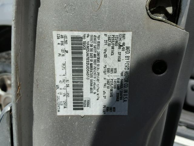 1FMZU67E52UD54510 - 2002 FORD EXPLORER S GRAY photo 10