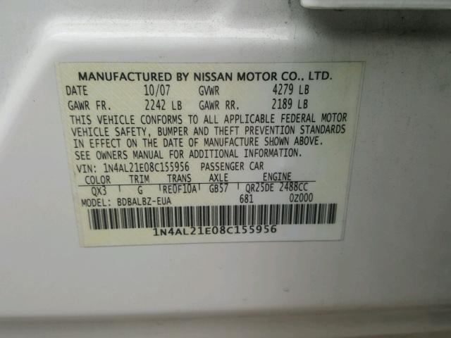 1N4AL21E08C155956 - 2008 NISSAN ALTIMA 2.5 WHITE photo 10