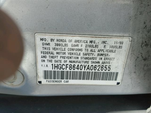 1HGCF8640YA062655 - 2000 HONDA ACCORD DX GRAY photo 10