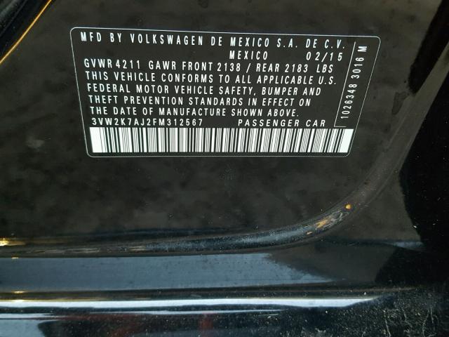 3VW2K7AJ2FM312567 - 2015 VOLKSWAGEN JETTA BASE BLACK photo 10