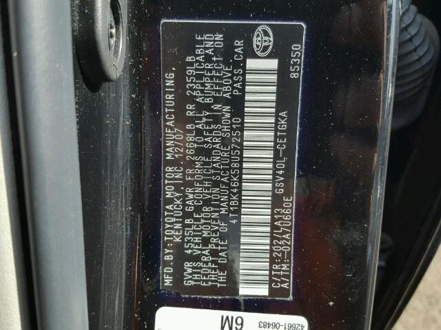 4T1BK46K58U572510 - 2008 TOYOTA CAMRY BLACK photo 10