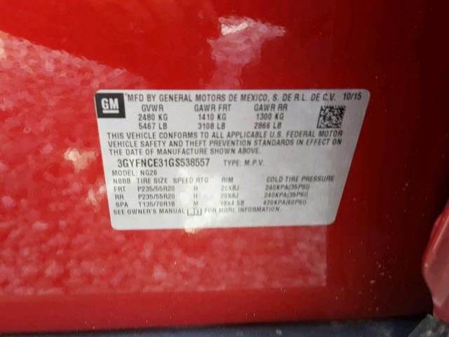 3GYFNCE31GS538557 - 2016 CADILLAC SRX PERFOR 红色 照片 10