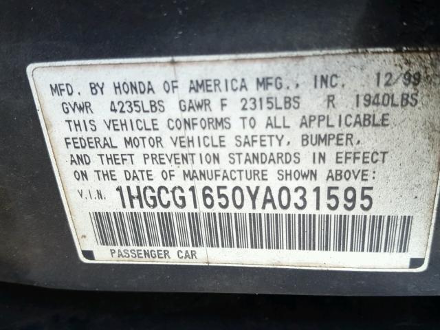 1HGCG1650YA031595 - 2000 HONDA ACCORD BLACK photo 10