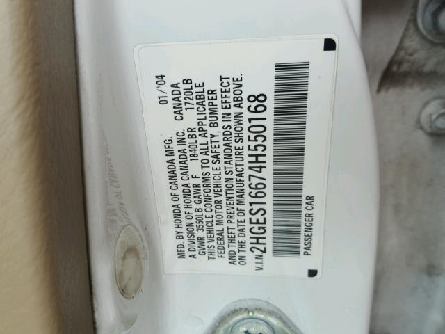 2HGES16674H550168 - 2004 HONDA CIVIC LX WHITE photo 10