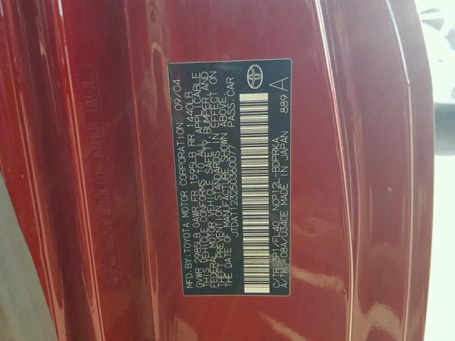 JTDAT123250360077 - 2005 TOYOTA ECHO RED photo 10