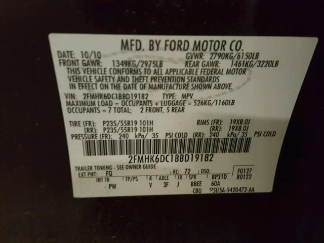 2FMHK6DC1BBD19182 - 2011 FORD FLEX LIMIT MAROON photo 10