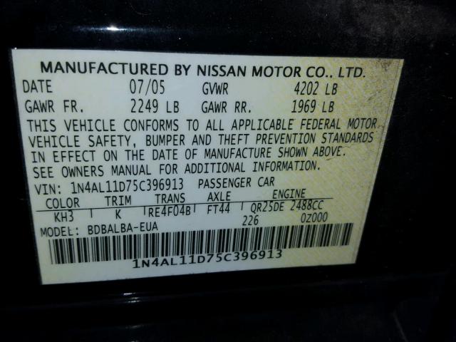 1N4AL11D75C396913 - 2005 NISSAN ALTIMA BLACK photo 10