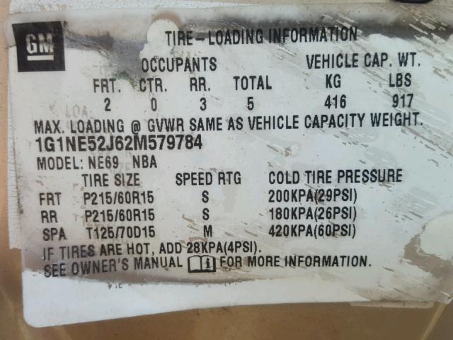 1G1NE52J62M579784 - 2002 CHEVROLET MALIBU LS GOLD photo 10