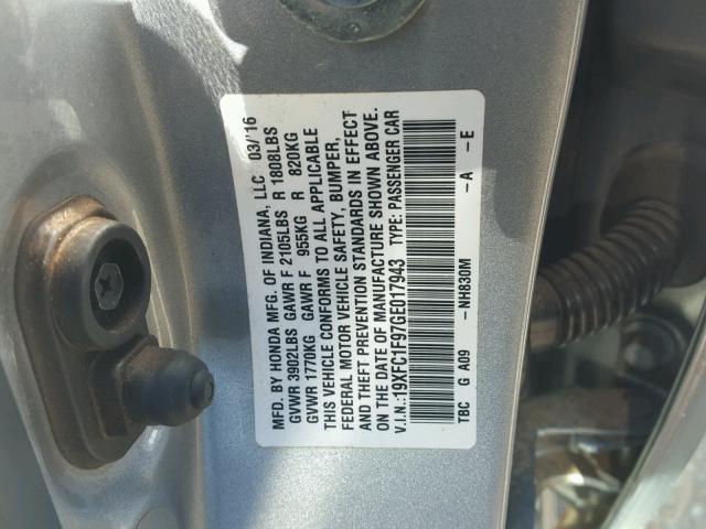 19XFC1F97GE017943 - 2016 HONDA CIVIC TOUR GRAY photo 10